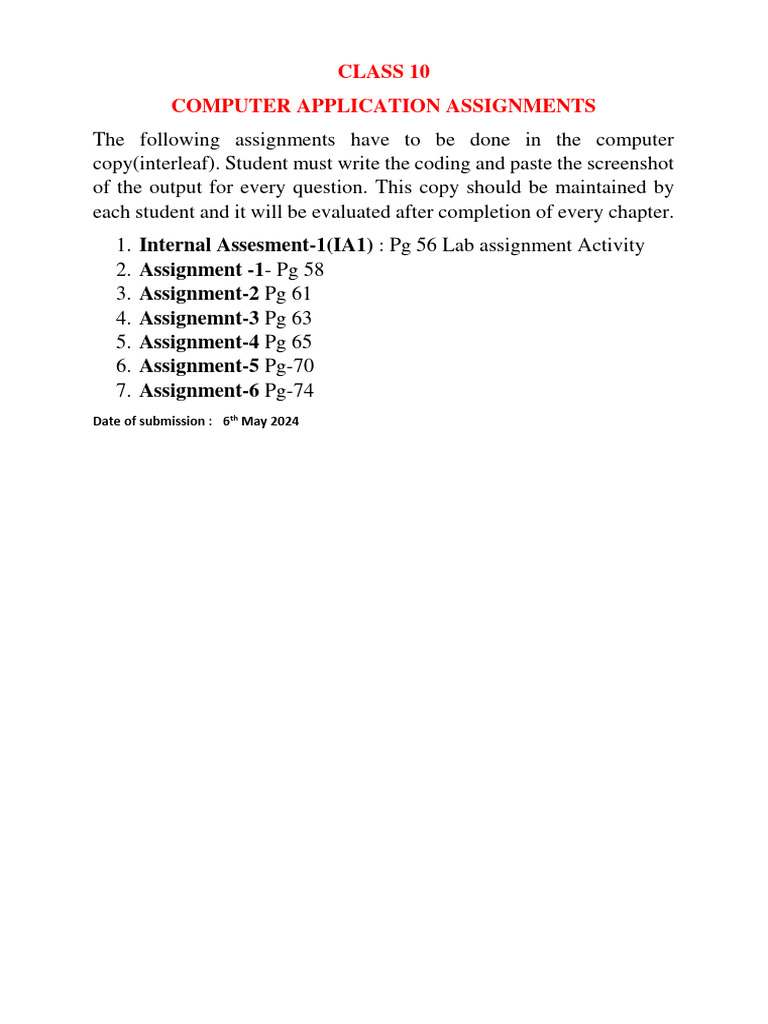 Class 10 Computer Application Lab Assignments | PDF