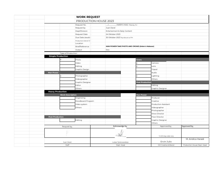 2023 Production House Work Request | PDF | Equipment | Film And Video ...
