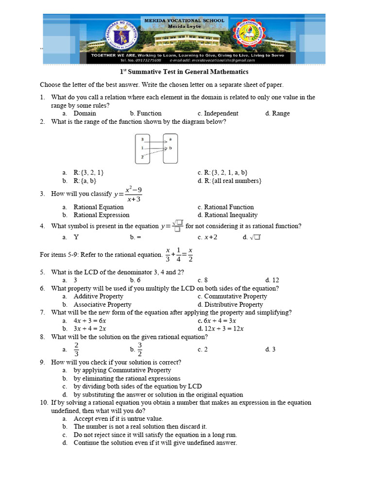 General Mathematics 1st Summative Test | PDF | Equations | Function ...
