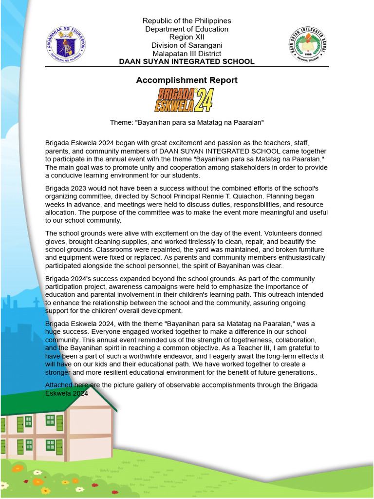 Brigada Eskwela 2024 Accomplishment Report | PDF | Teachers | Cognition