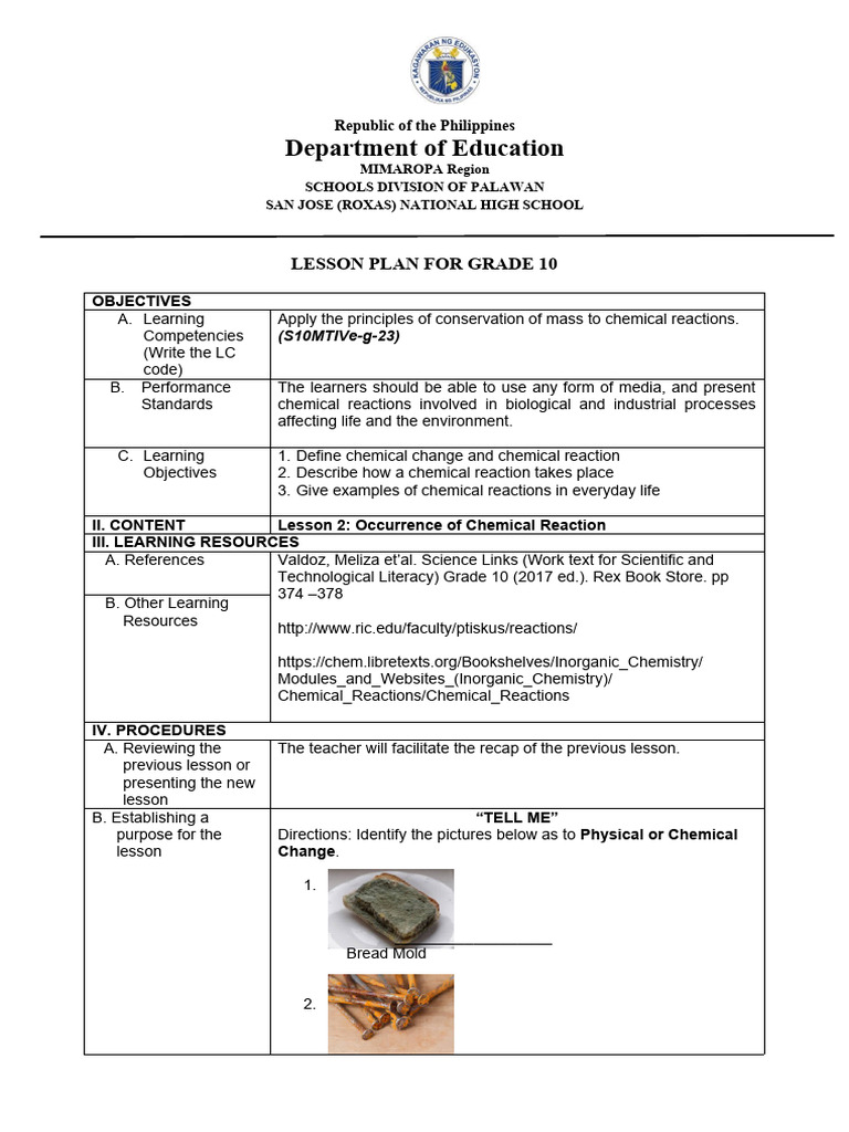 Grade 10 Chemical Reactions Lesson Plan | PDF | Chemical Substances ...