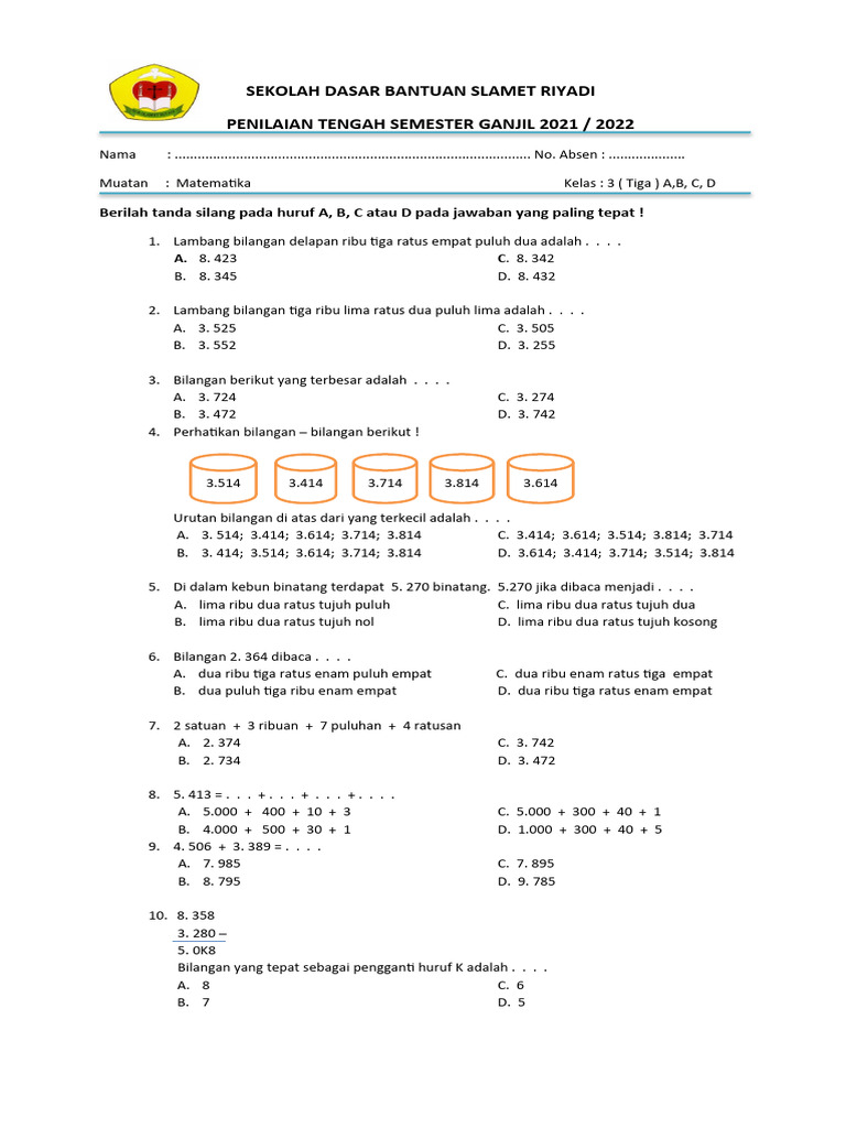 Penilaian Matematika Kelas 3 SD 2021 | PDF | Metode & Bahan Ajar