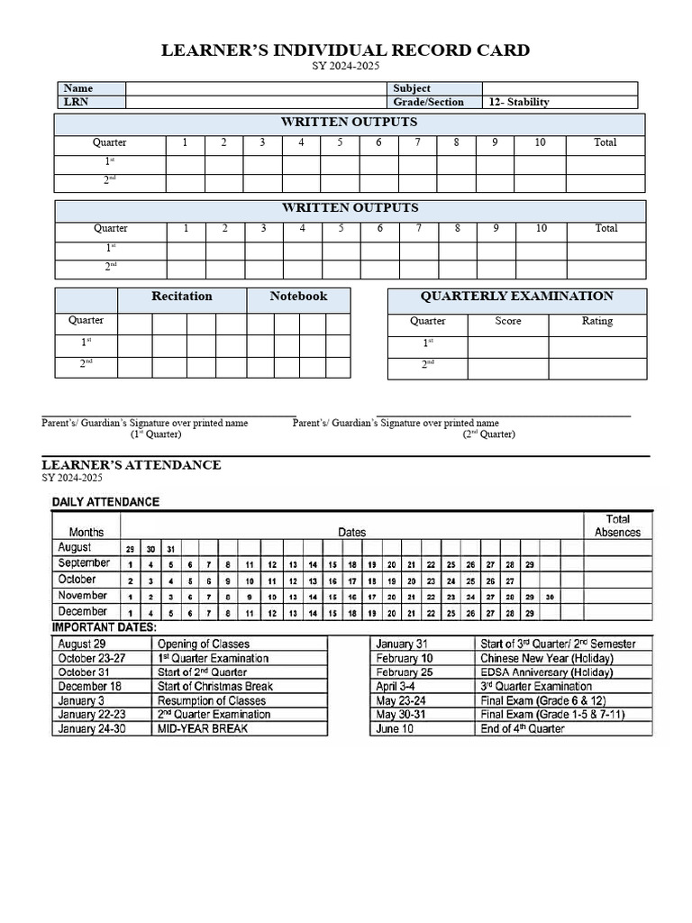 Learners Individual Record Card Word | PDF