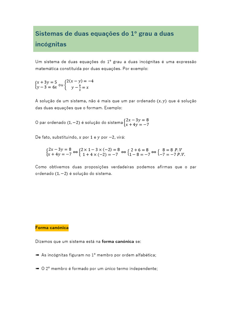Sistemas de Equações com Duas Incógnitas | PDF | Equações | Objetos ...
