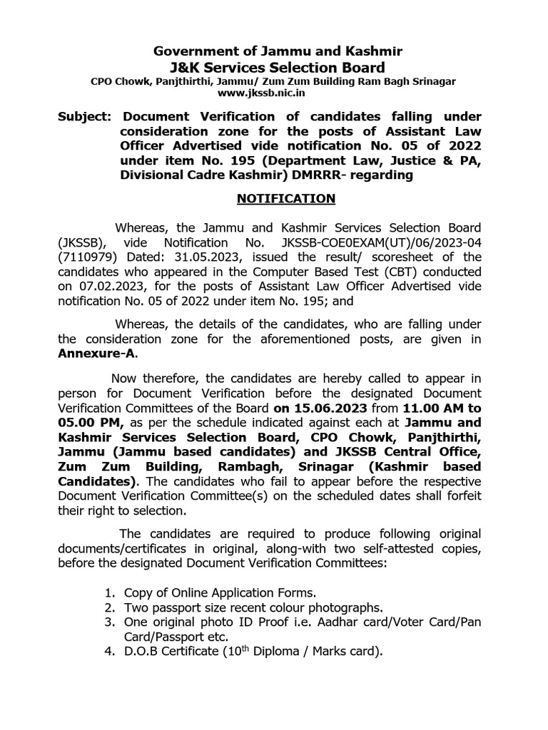 JKSSB Assistant Law Officer DV Notice | PDF | Government And Personhood