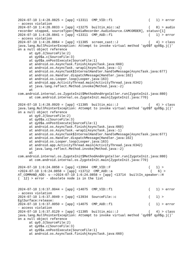 App Error Log: Access Violations & Null Pointers | PDF | Java ...