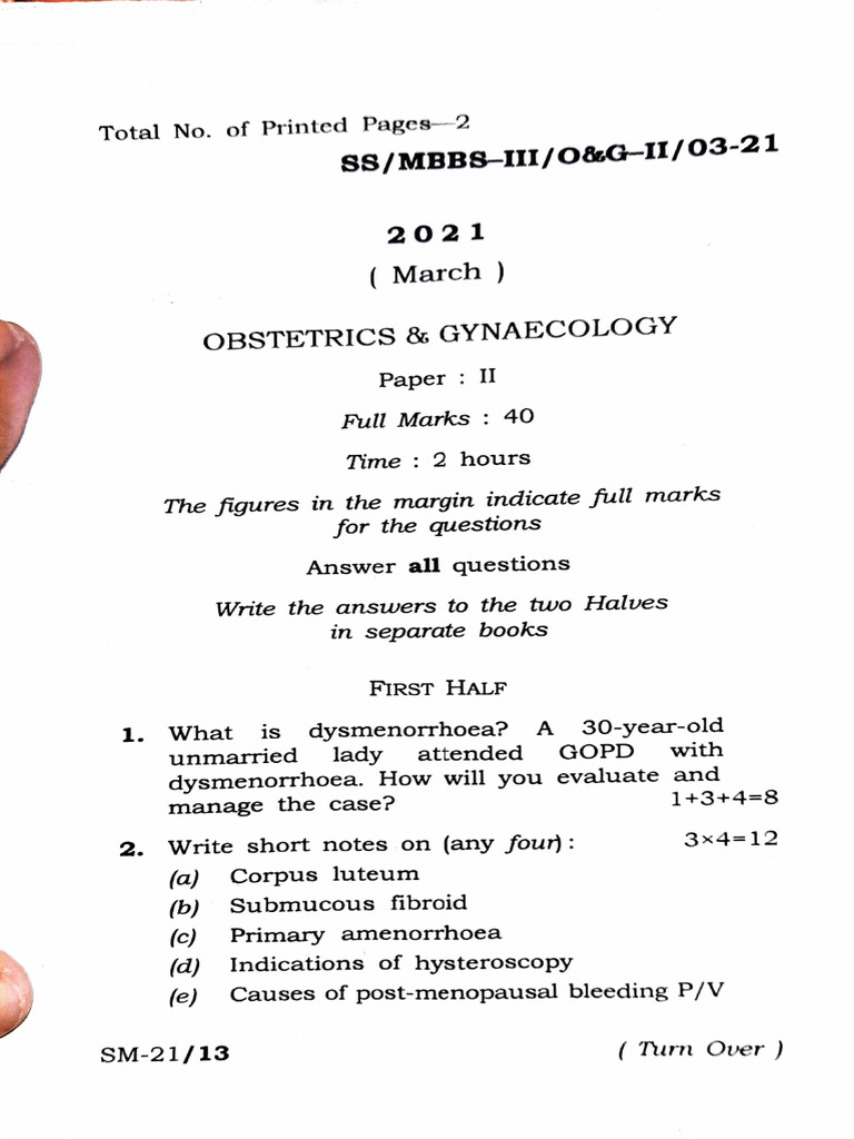 Final Mbbs Question Papers March 2021 Pdf Childbirth Hemorrhoid