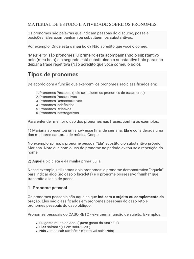 Estudo e Atividades sobre Pronomes | PDF | Pronome | Plural