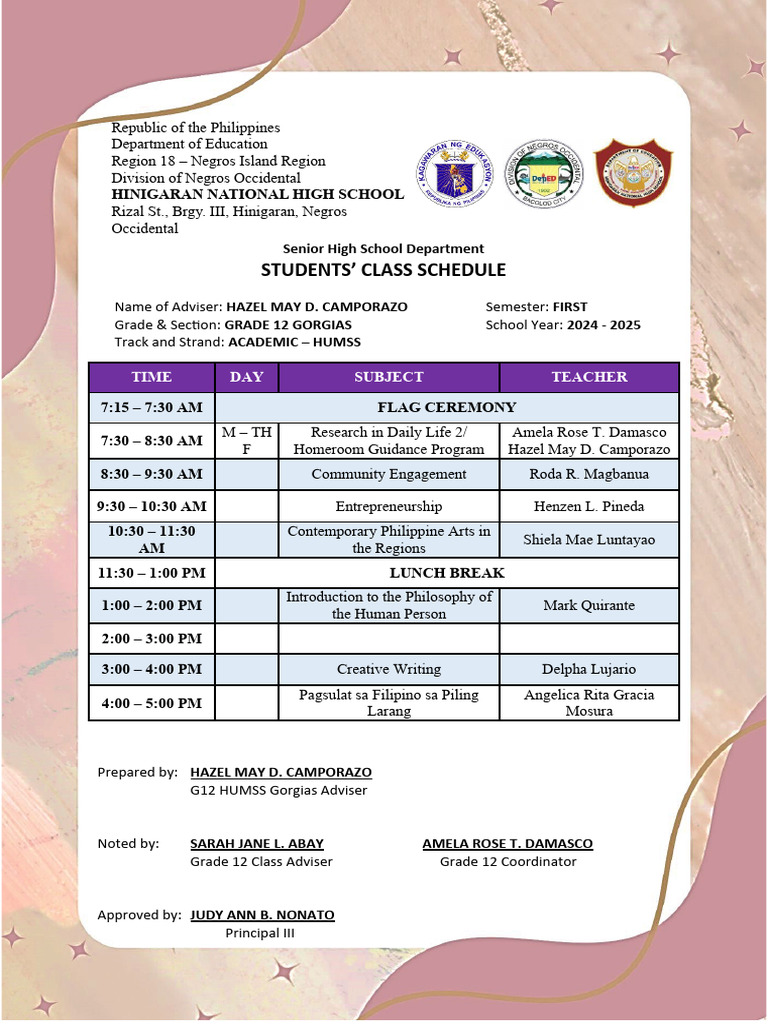 Grade 12 HUMSS Class Schedule 2024-2025 | PDF | Foreign Language Studies
