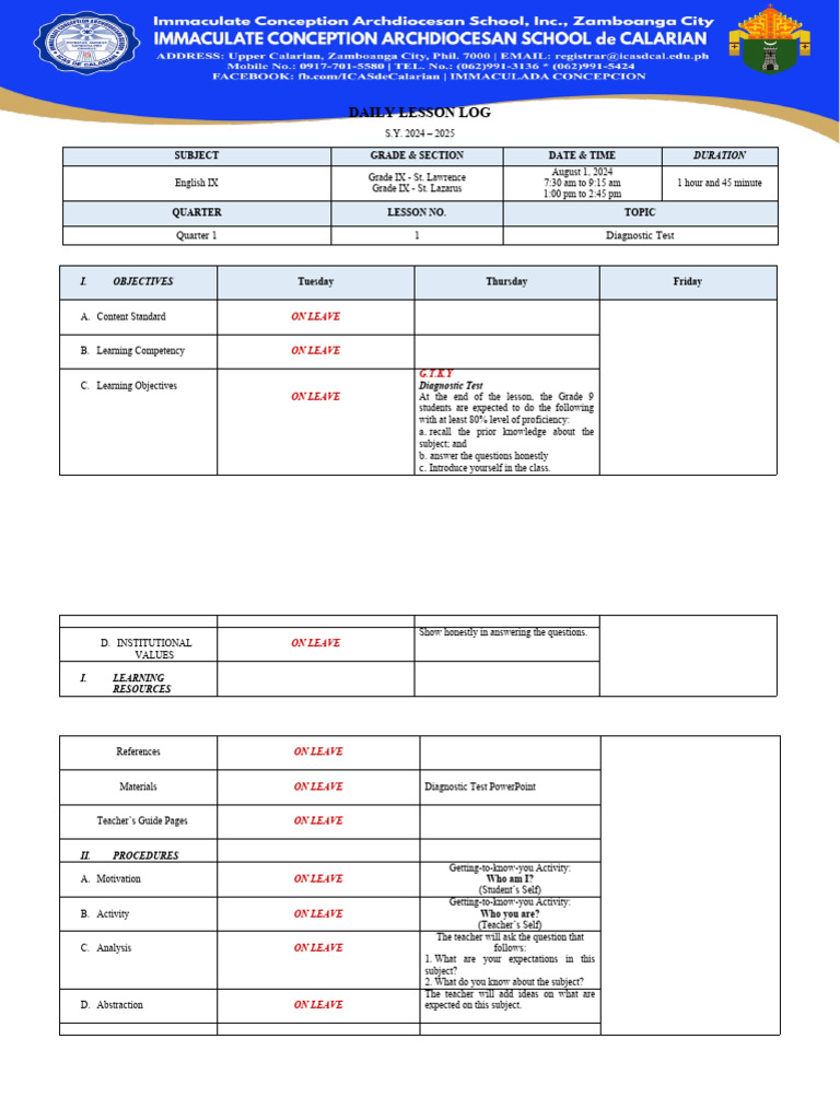 Grade 9 English Diagnostic Test Plan | PDF | Teachers | Cognitive Science