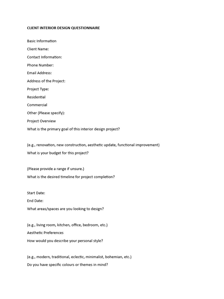 Client Interior Design Questionnaire Pdf Interior Design Home