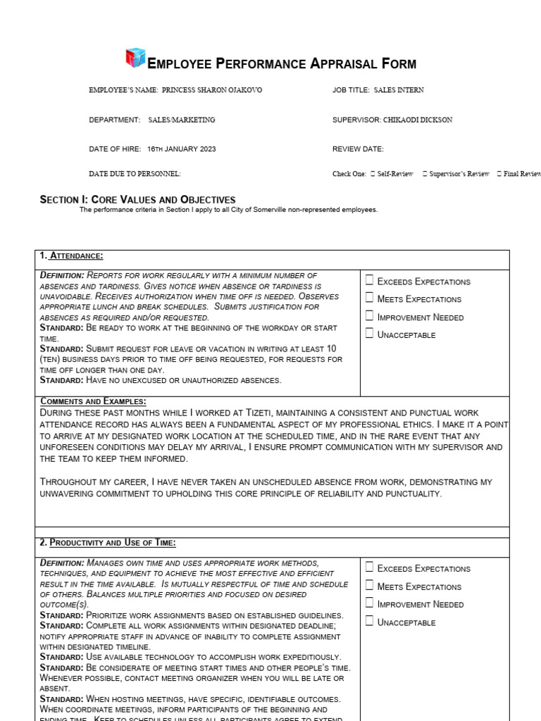 Princess Appraisal Form Copy | PDF | Goal | Performance Appraisal