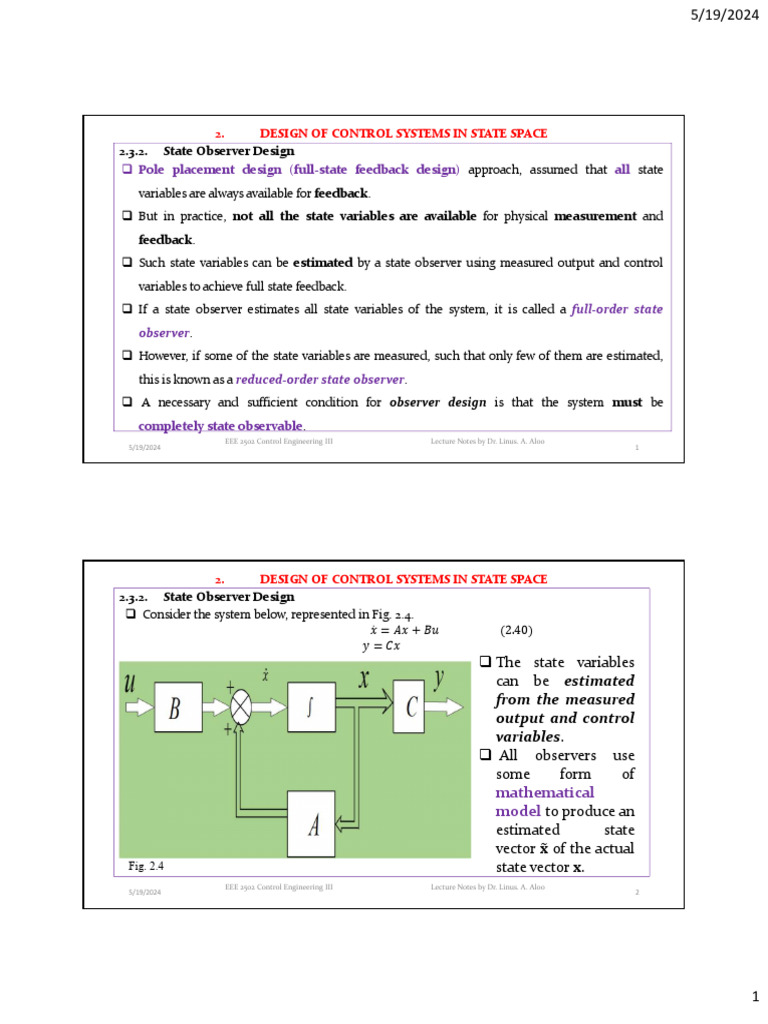 Lecture 9 | PDF | Control Theory | Matrix (Mathematics)