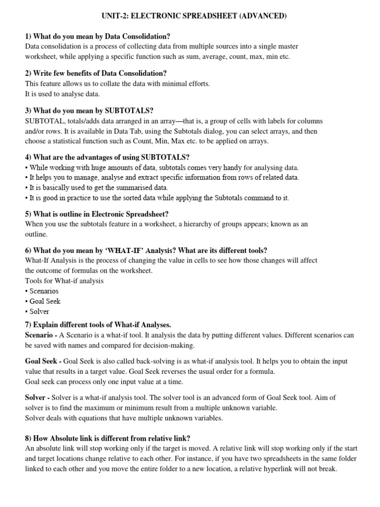 Unit 2 Notes Electronic Spreadsheet Advanced Pdf Spreadsheet