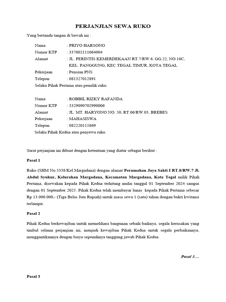 Perjanjian Sewa Ruko Tegal 2024-2025 | PDF