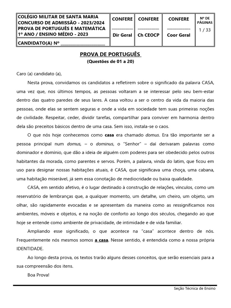 Concurso CMSM 2023 - 2024 - 1 Ano - Prova | PDF | Faculdade
