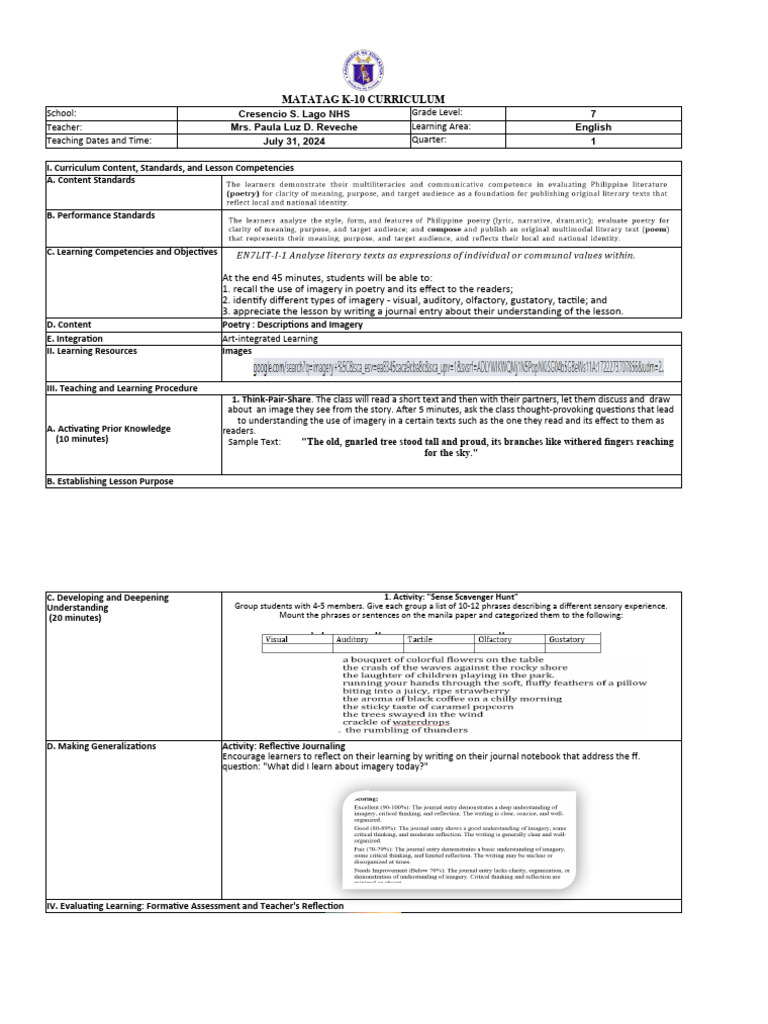 Dll Matatag English 7 Q1 W1 Day 2 Pdf Learning Cognitive Psychology