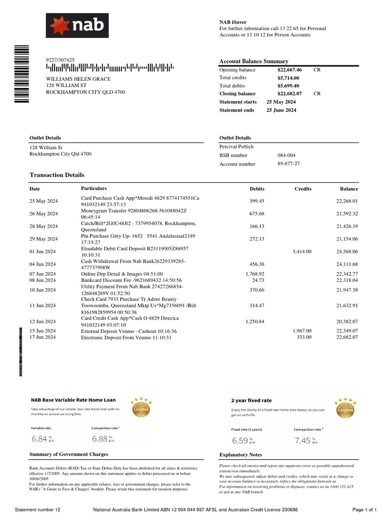 NAB Account Statement Summary | PDF | Credit Card | Debits And Credits