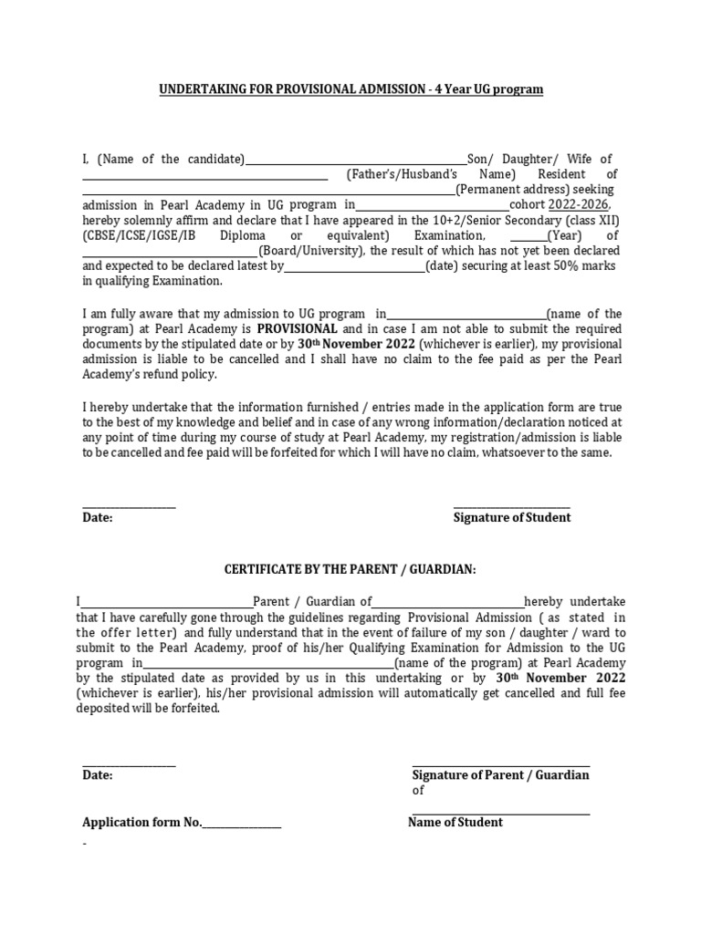 Provisional Admission Undertaking Form | PDF | Educational Stages