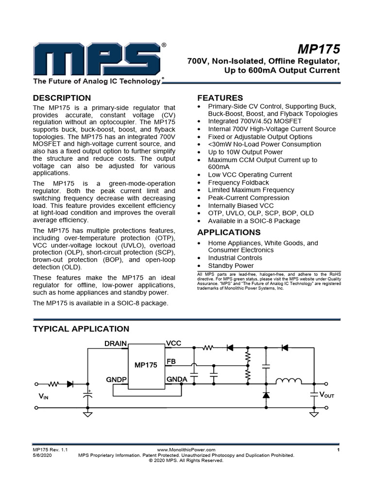 MP175 Offline Regulator Overview | PDF | Capacitor | Electric Power