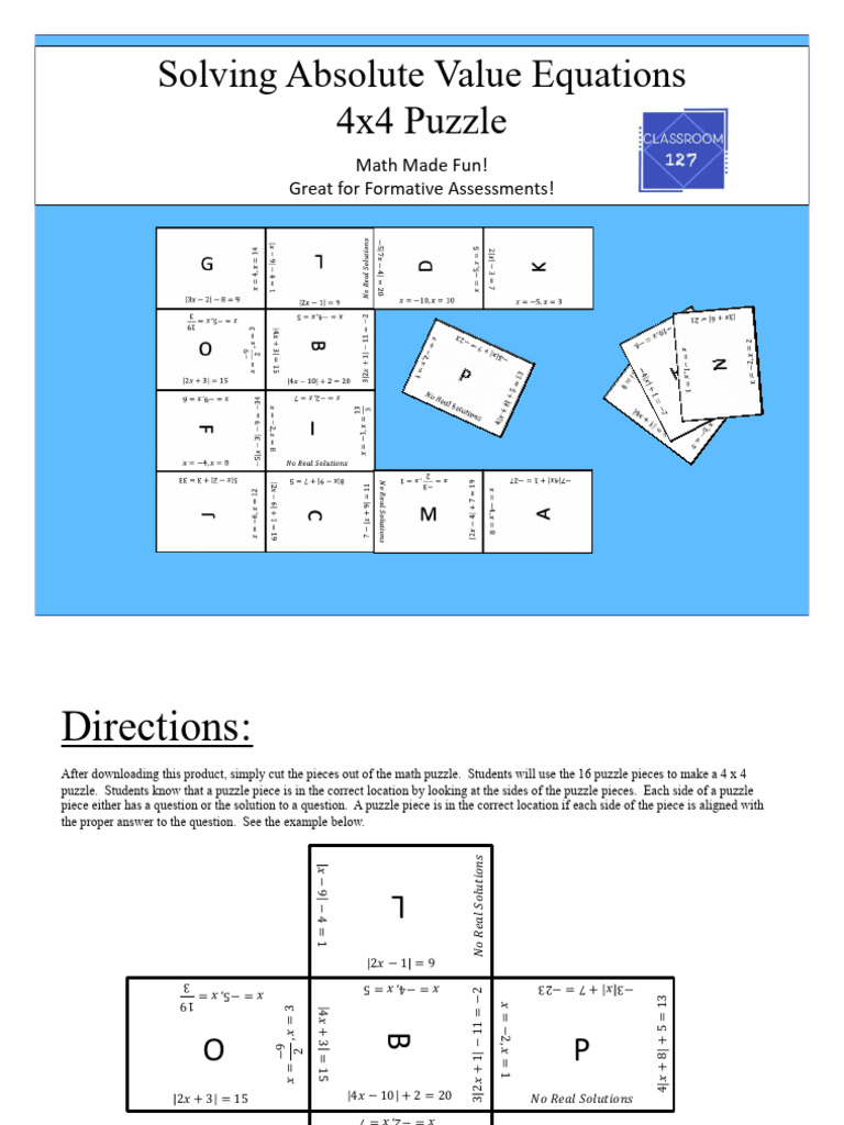 Solving Absolute Value Equations 4x4 Puzzle: Math Made Fun! Great For ...