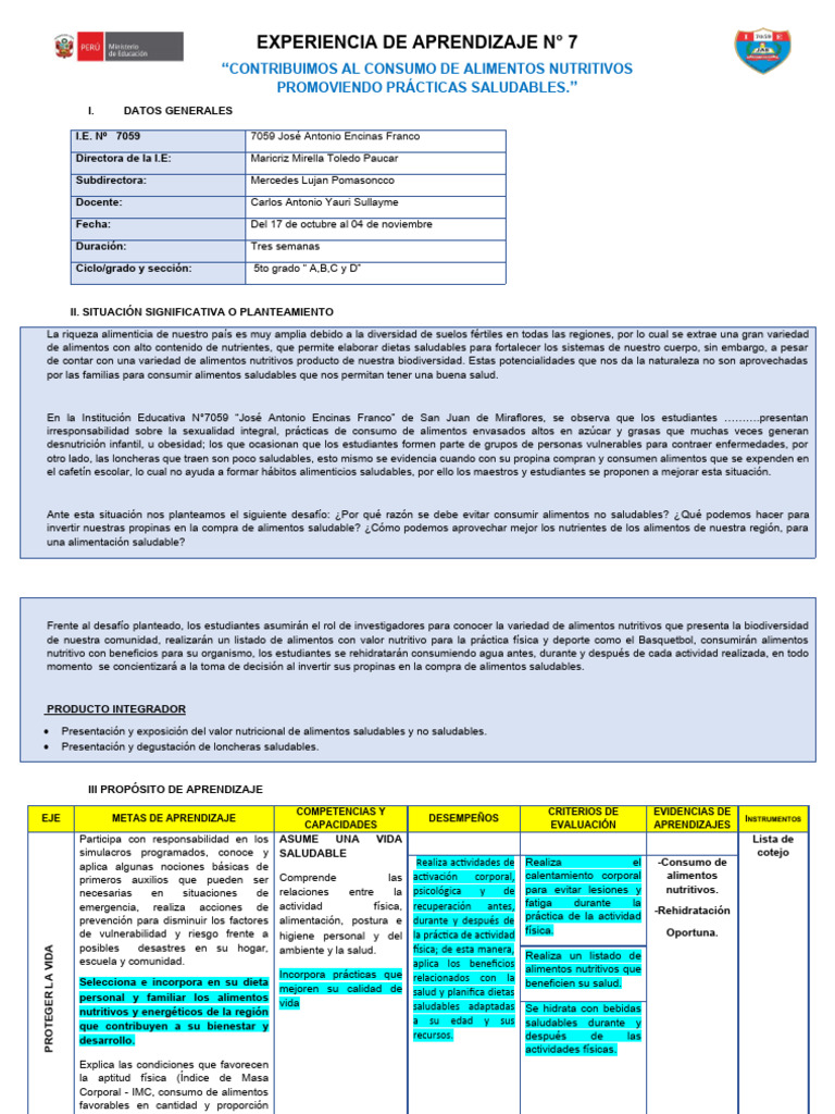 EdA 7 CON METAS DE APRENDIZAJE 5TO GRADO. | PDF | Alimentos | Dieta