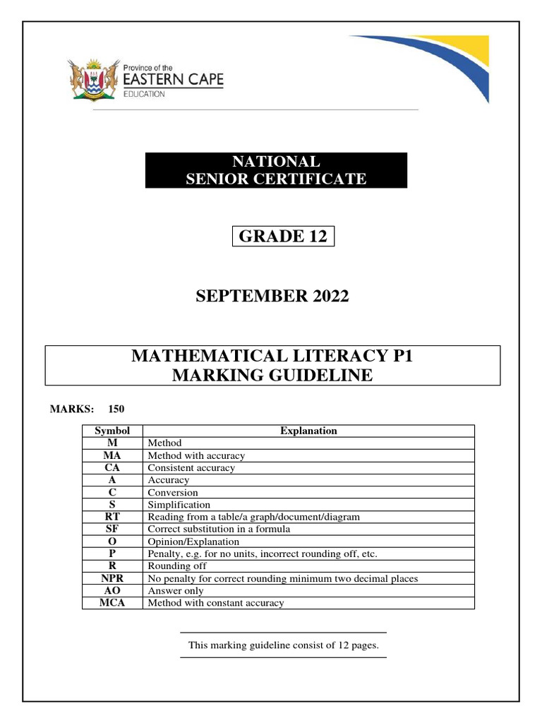 Grade 12 Mathematics Literacy Paper 1 Memo - 2022 - All Past Papers | PDF
