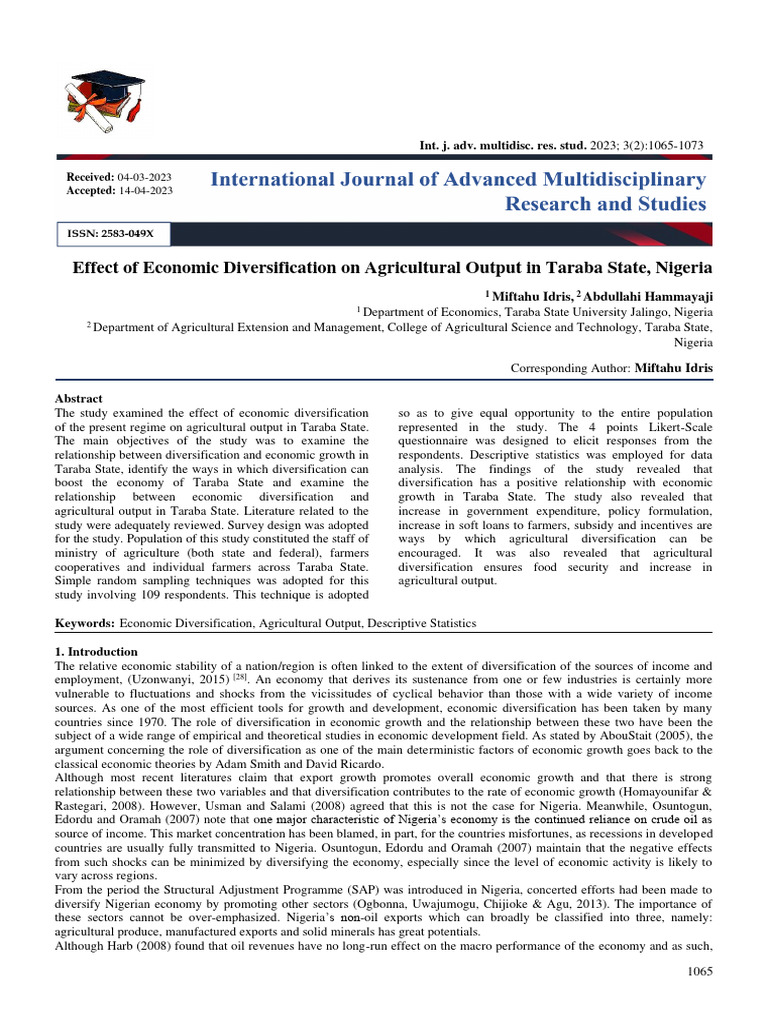 Effect of Economic Diversification On Agricultural Output in Taraba ...