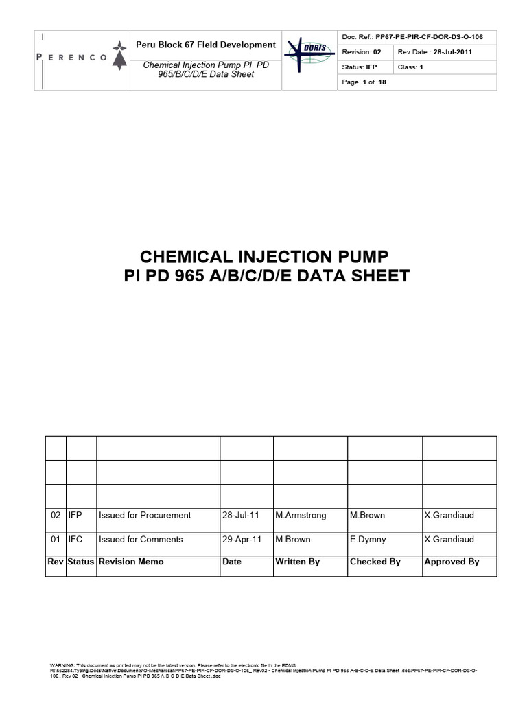 PP67-PE-PIR-CF-DOR-DS-O-106 - Rev02 - Chemical Injection Pump PI PD 965 ...