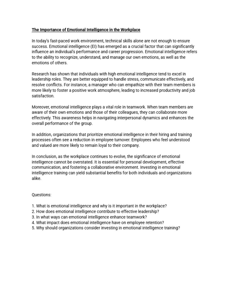 The Importance of Emotional Intelligence in The Workplace | PDF | Las ...