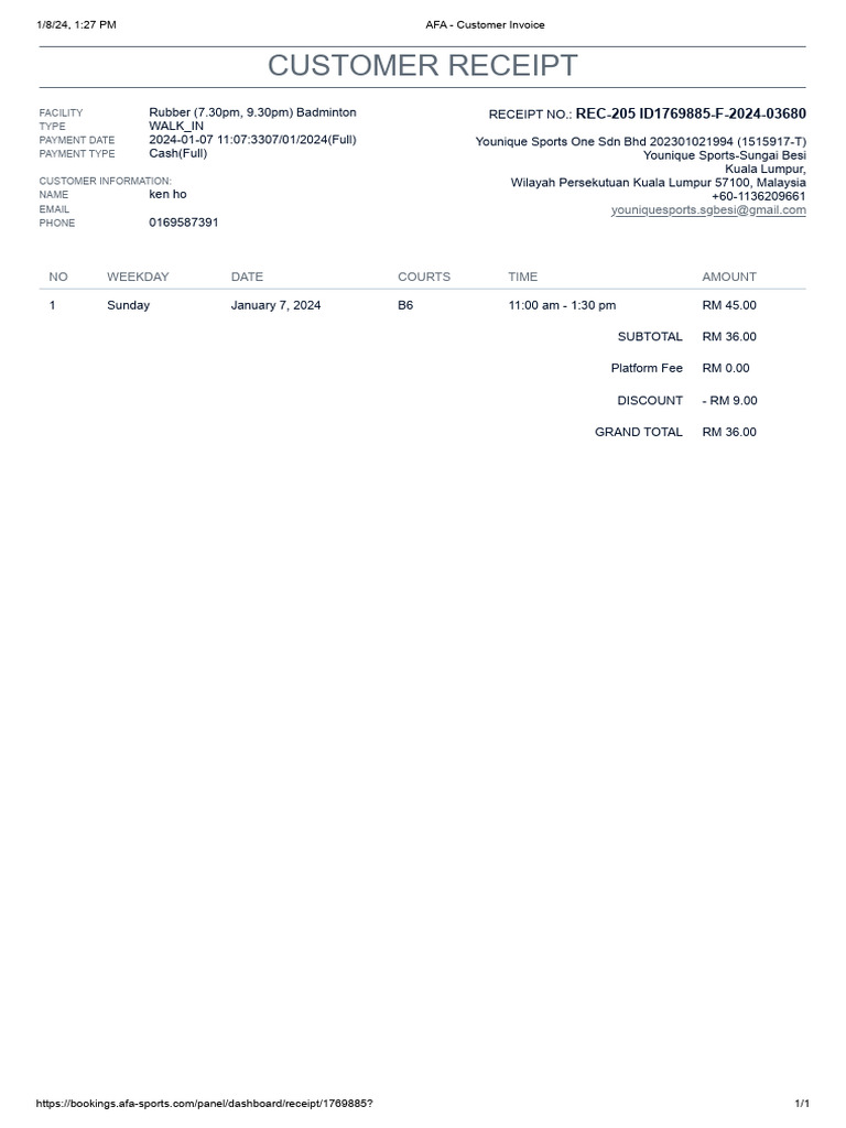 Younique Sports Badminton Invoice | PDF