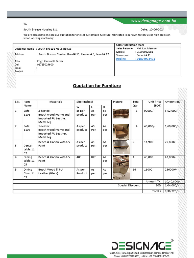 Customized Furniture Quotation for South Breeze | PDF | Economies