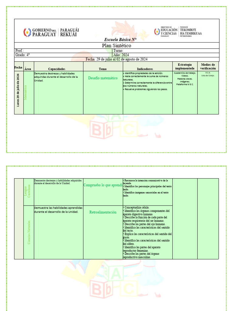 Plan de Estudios de 4° Grado 2024 | PDF