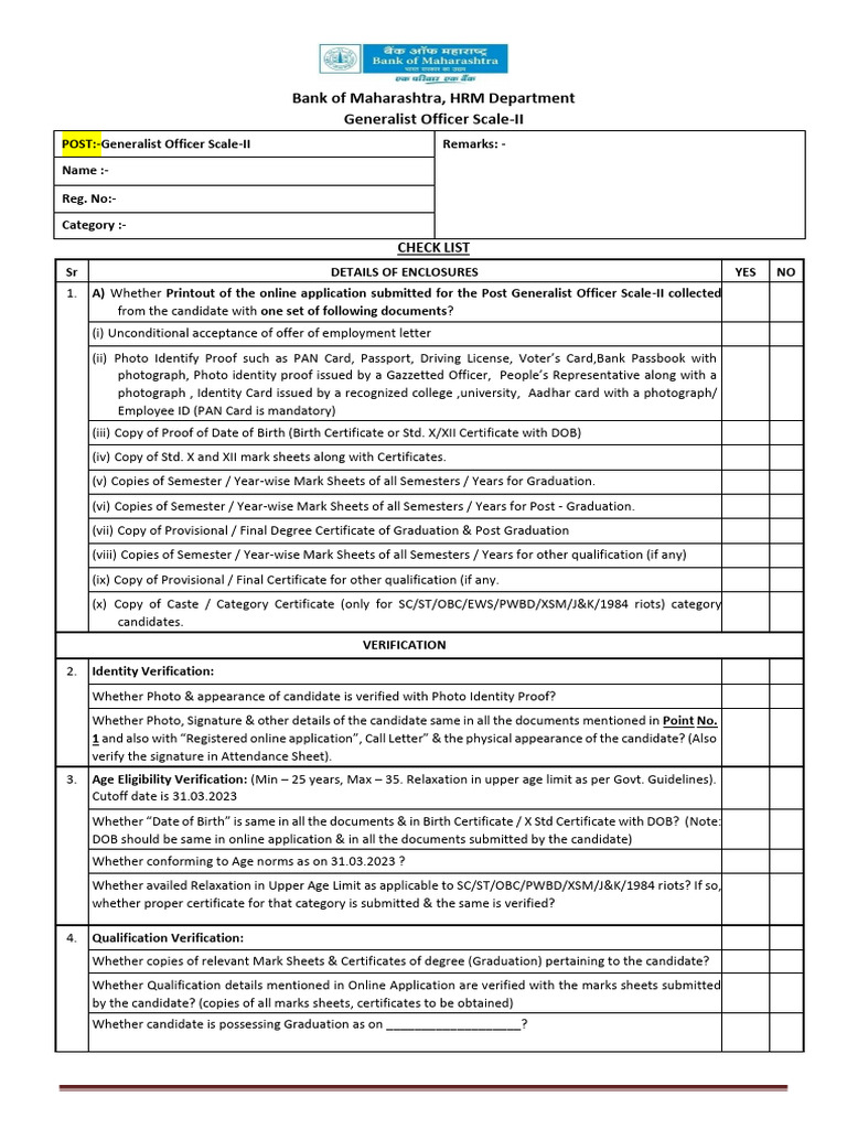 Generalist Officer Scale-II Document Checklist | PDF | Identity Document