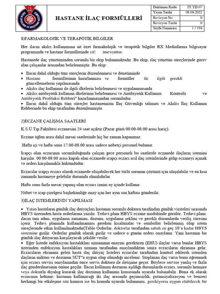 İy.yd.07 Hastane İlaç Formülleri̇ - 2209021122376644 | PDF