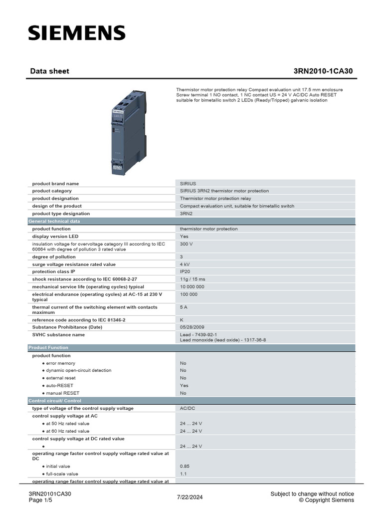 Siemens 3RN2010-1CA30 Relay Data Sheet | PDF | Relay | Alternating Current