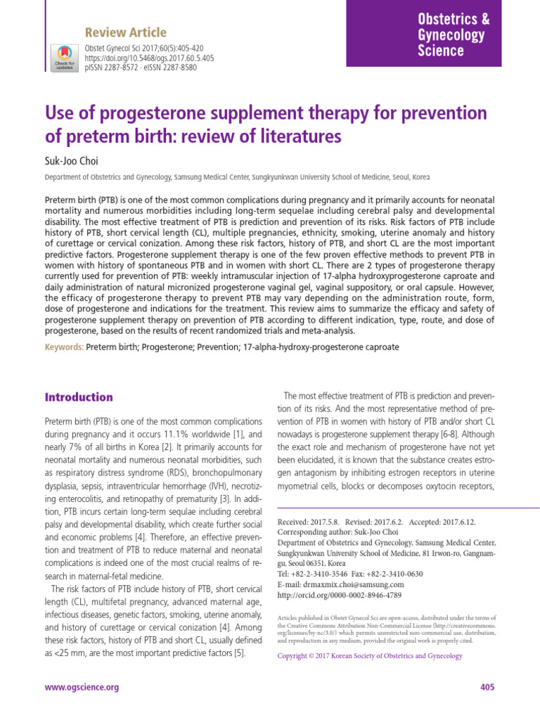 Use of Progesterone Supplement Therapy For Prevention of Preterm Birth ...
