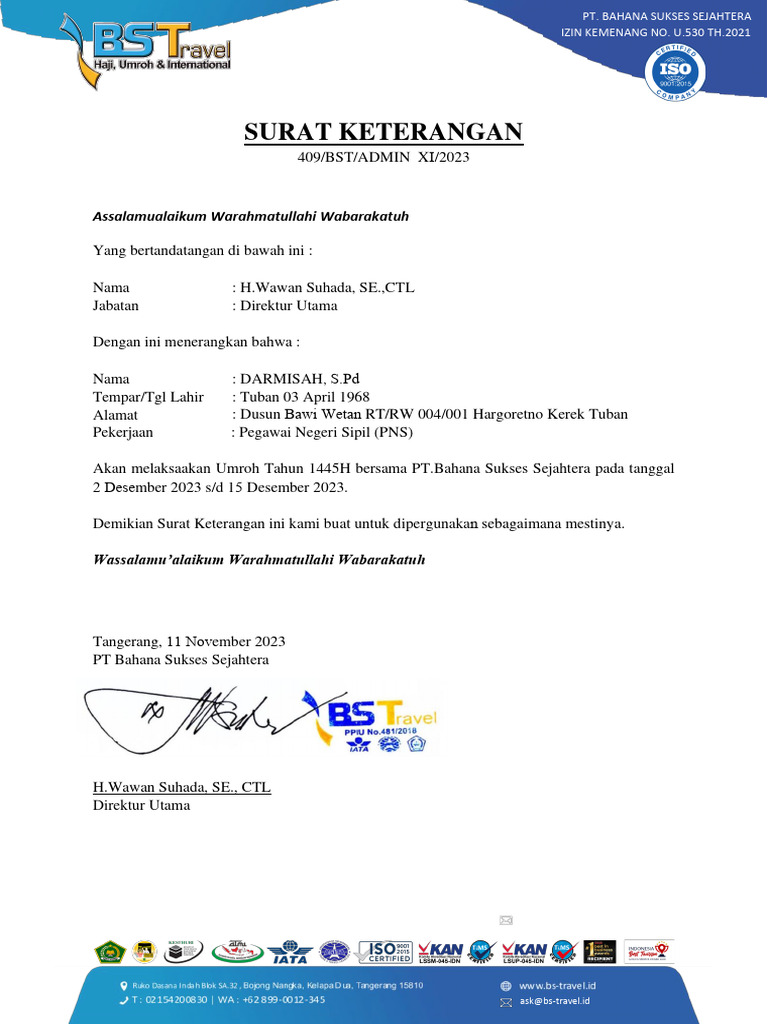 Surat Keterangan Izin Umroh Darmisah | PDF