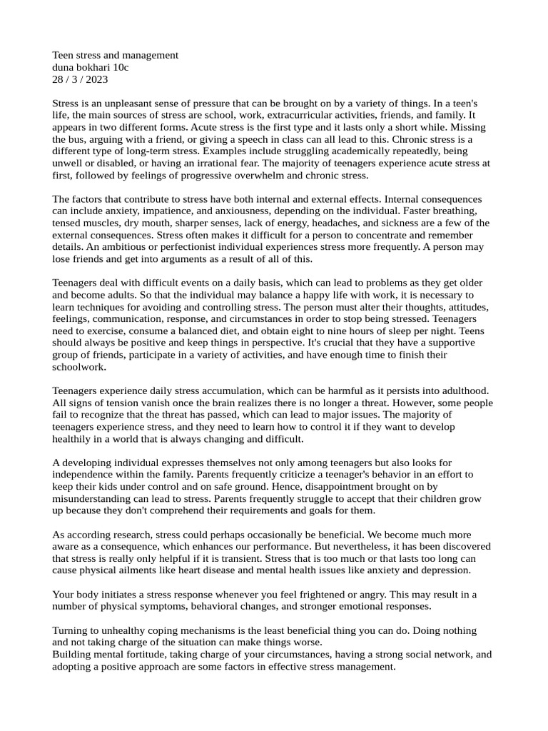 Teen Stress And Management Pdf Adolescence Stress Biology