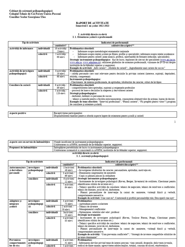 Model Raport Semestrial Consilier Scolar | PDF