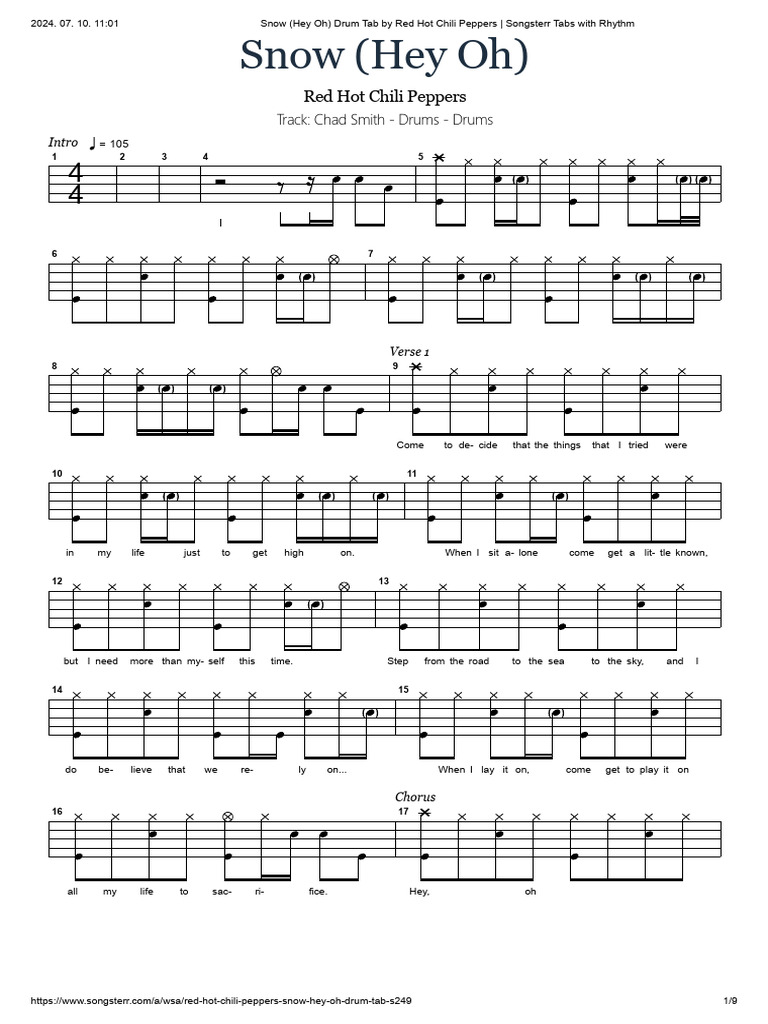 Snow Hey Oh Drum Tab by Red Hot Chili Peppers - Songsterr Tabs With ...