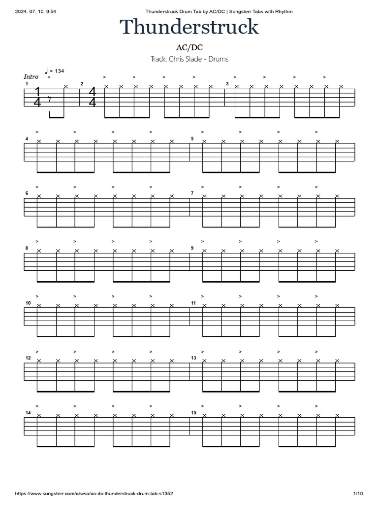 Thunderstruck Drum Tab by AC - DC - Songsterr Tabs With Rhythm | PDF ...