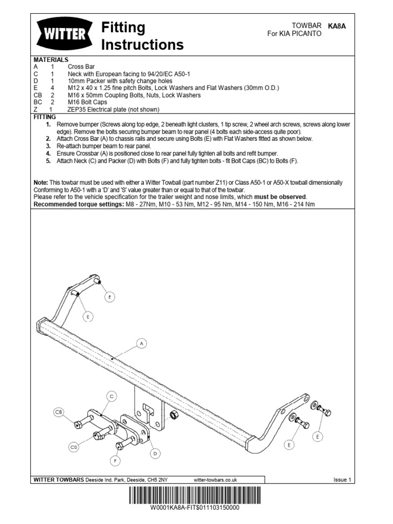 Kia Picanto Towbar Fitting Guide | PDF