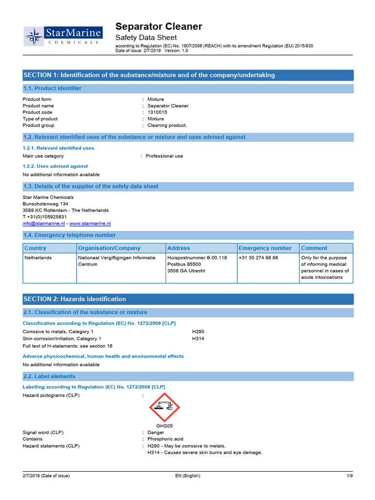 Separator Cleaner Safety Data Sheet | PDF | Dangerous Goods | Toxicity