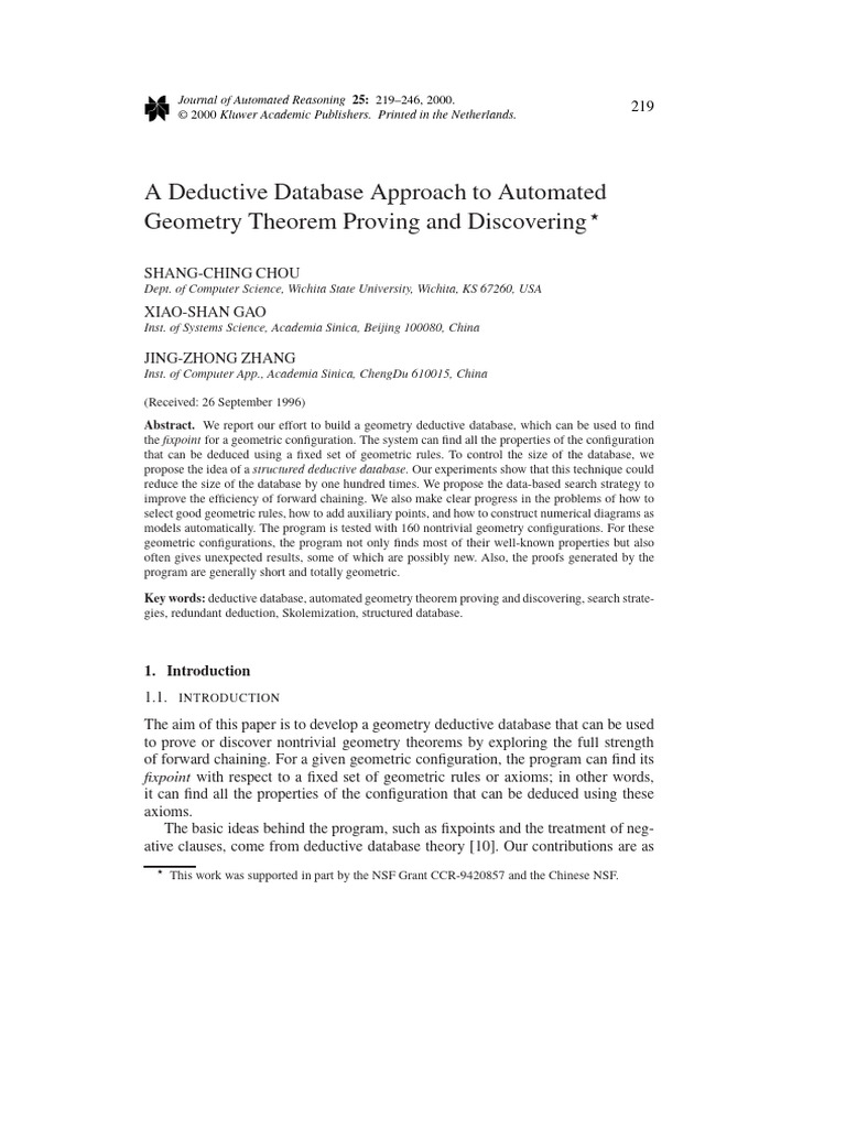 A deductive database approach to automated geometry theorem proving and