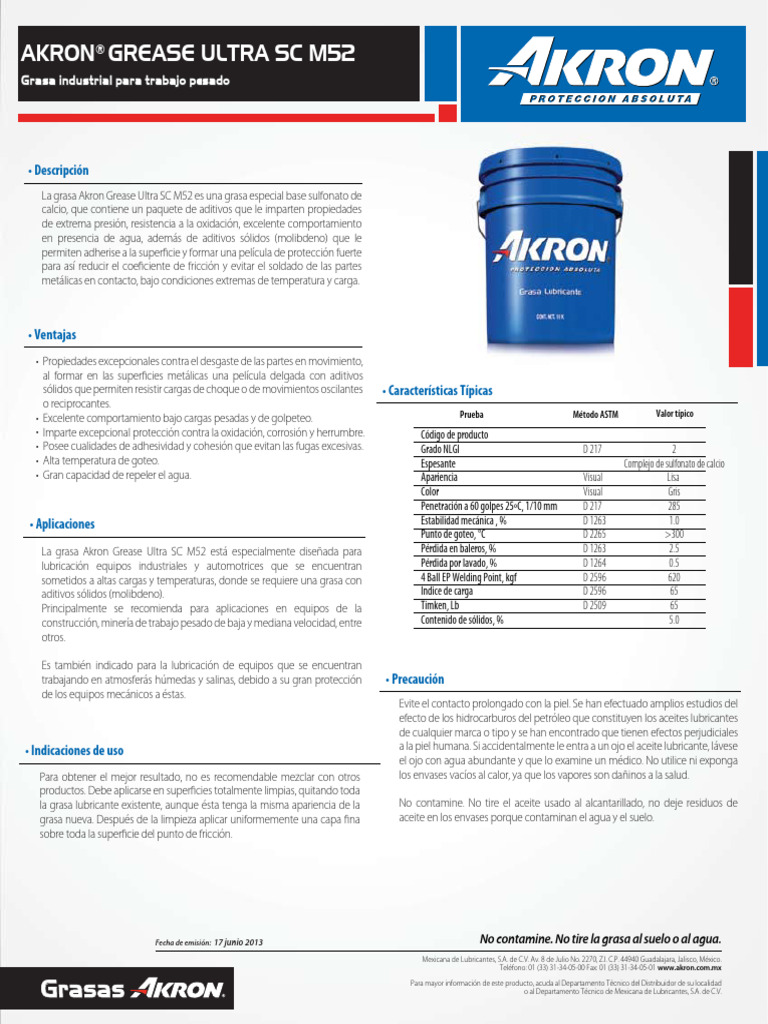 Akron Grease Ultra SC M52 | PDF | Sustancias químicas | Materiales