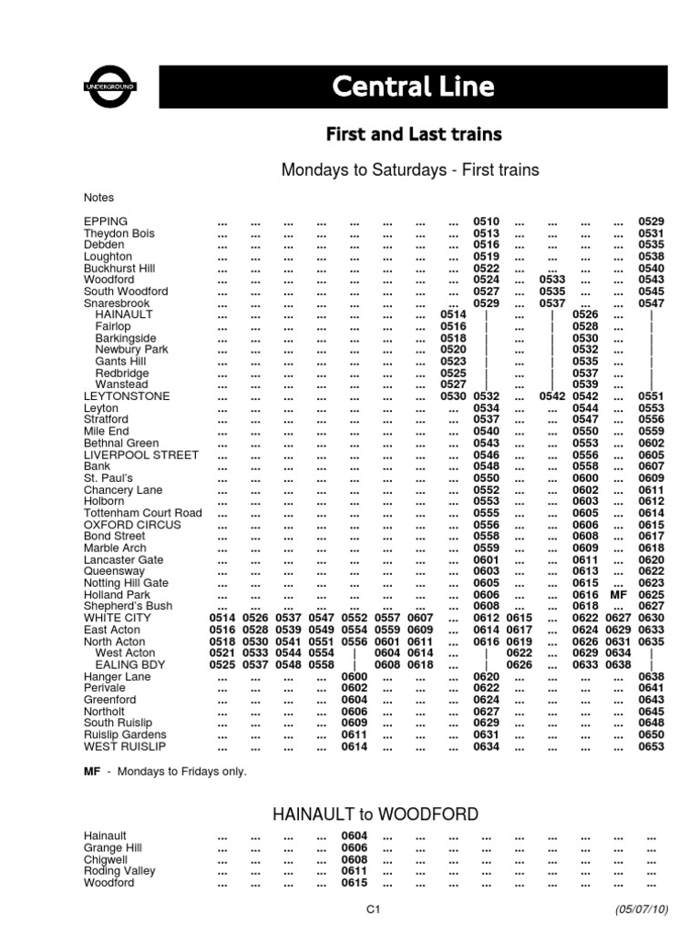 Central Line First and Last Trains | PDF