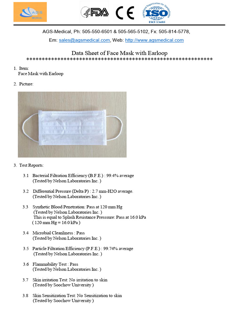 Data Sheet of Face Mask With Earloop From AGS-Medical | PDF | Materials