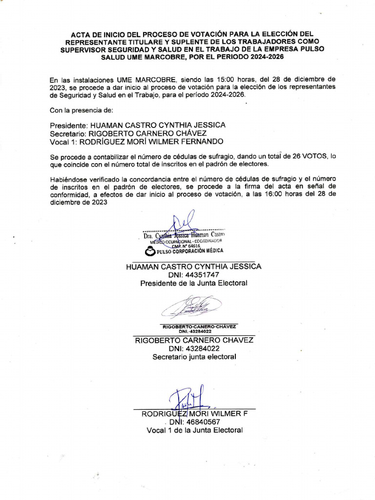 Acta de Inicio Del Proceso de Votacion para La Eleccion Del Repr | PDF