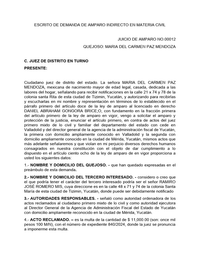 Demanda de Amparo Civil en Yucatán | PDF | Juez | Demanda judicial
